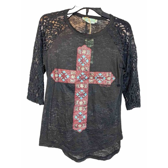Southern Grace Black Lace & Maroon Blk Glitter Floral Cross Burnout Shirt Size S - Picture 1 of 9